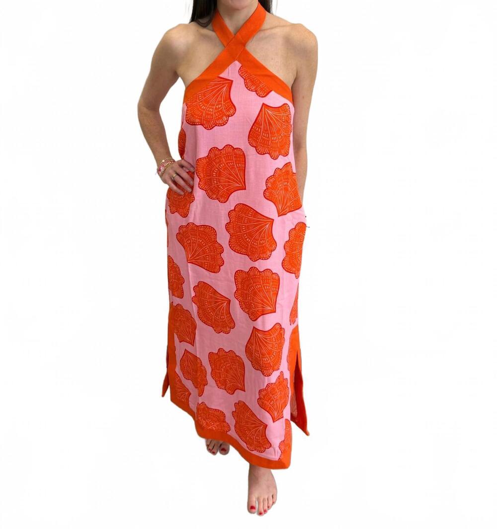 NEW ENTRO sunny and shells maxi dress in pink and coral red
